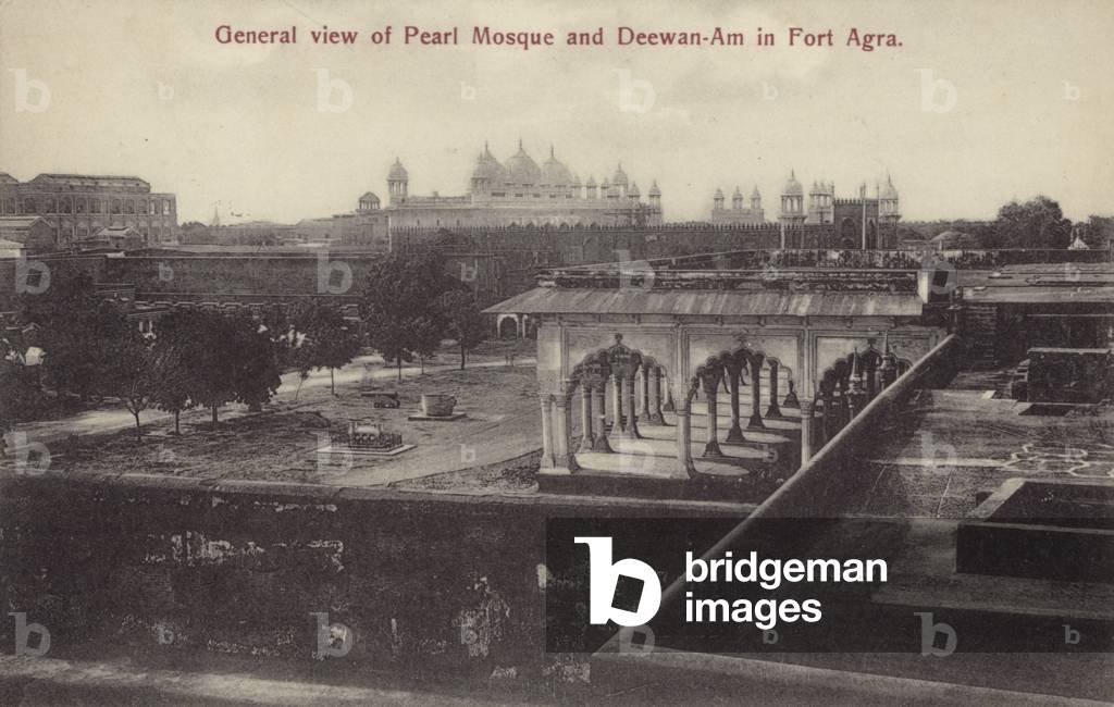 General view of Pearl Mosque and Deewan-Am in Fort Agra (b/w photo)