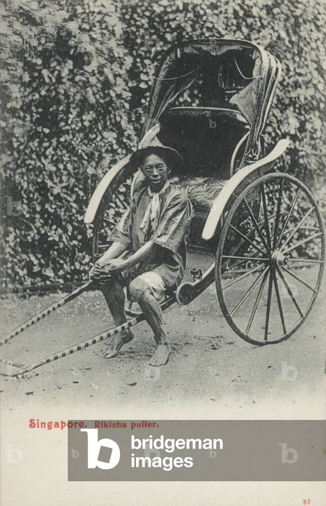 Rikisha puller, Singapore (b/w photo)
