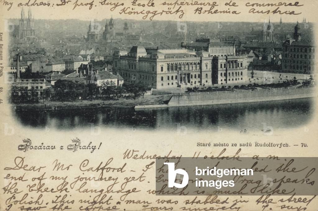 Postcard depicting a general view of Prague (b/w photo)