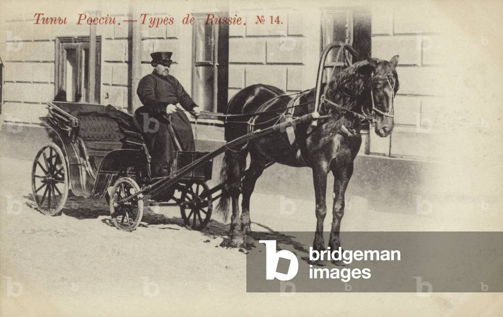 Horse-drawn carriage and driver, Russia, early 20th Century (b/w photo)