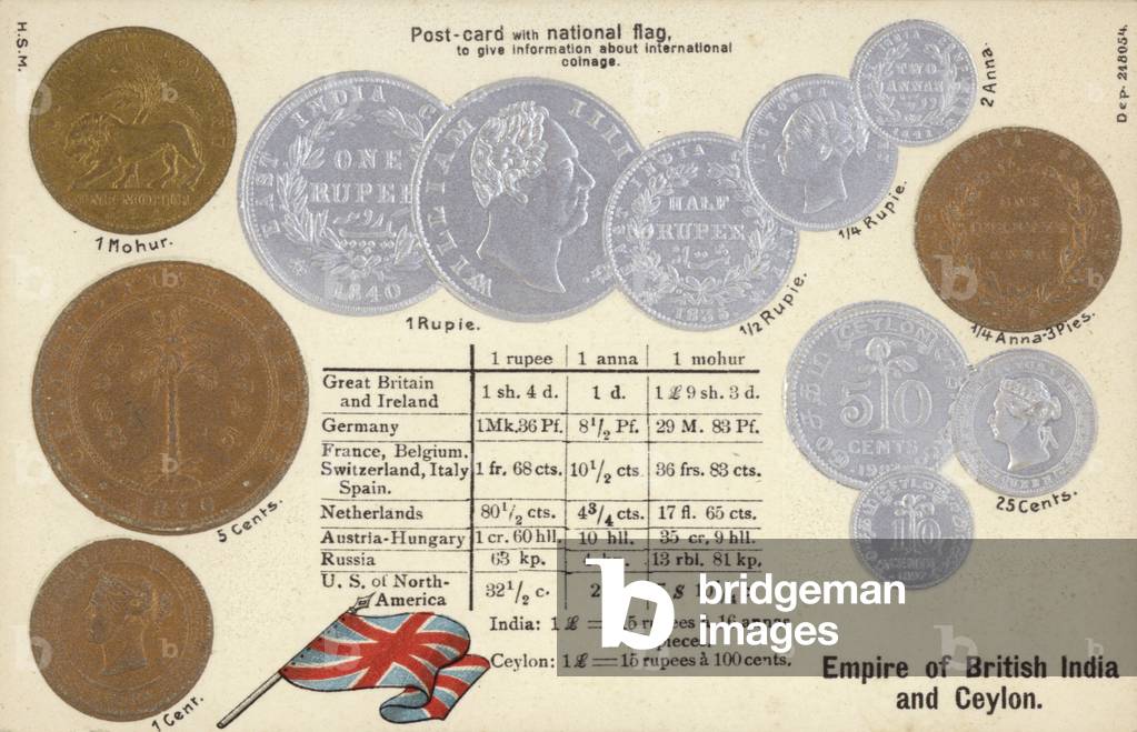 Coinage of Empire of British India and Ceylon (colour litho)