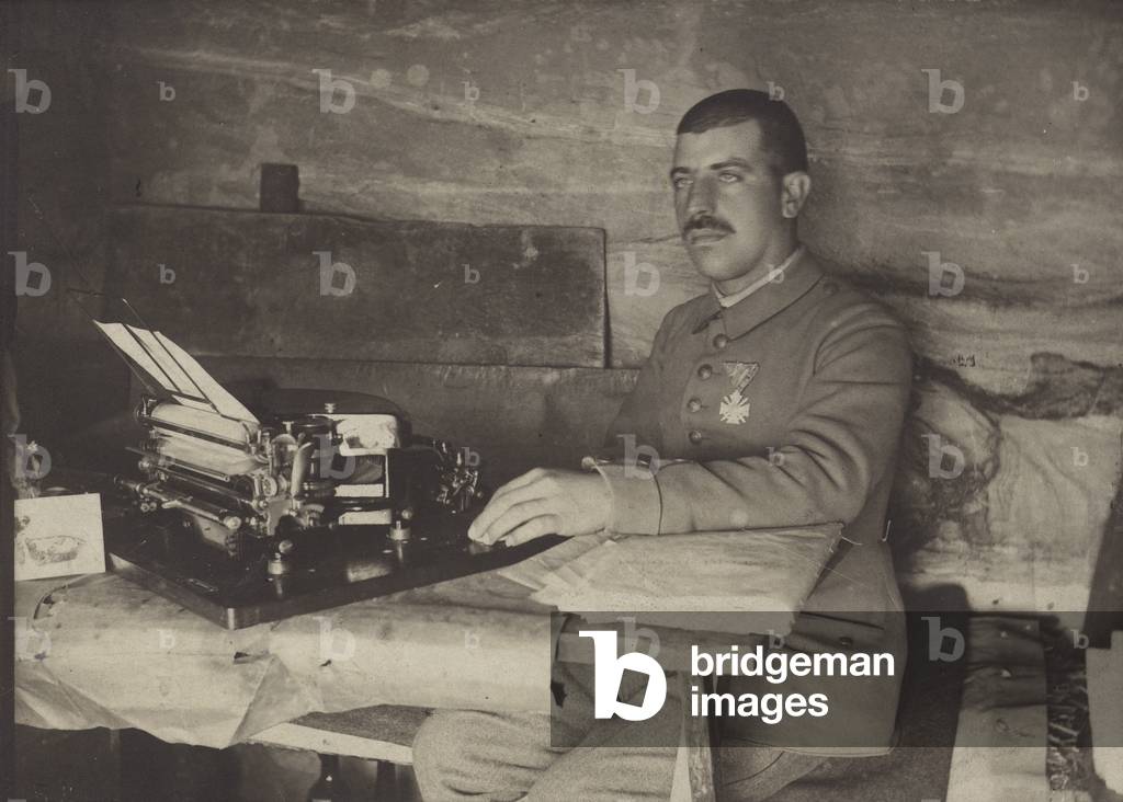 Bulgarian soldier decorated with the Order of Bravery with a typewriter, Macedonian Front, World War I, June 1917 (b/w photo)