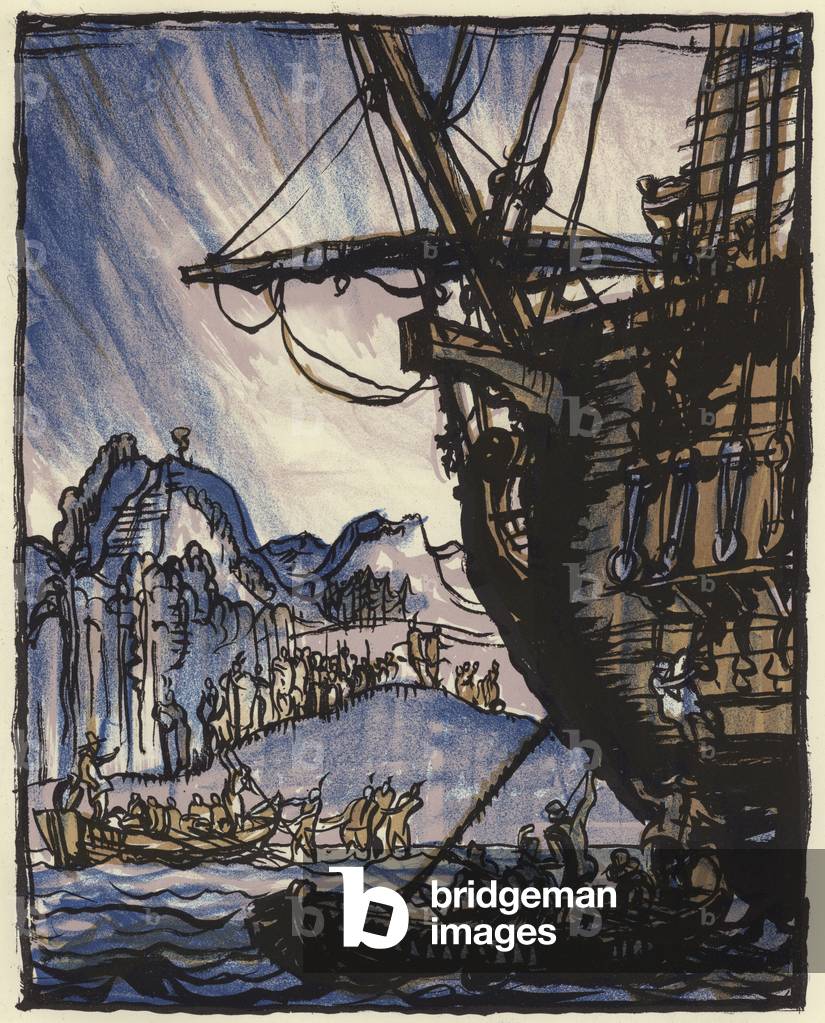 The end of the voyage of the Mayflower, delivering the Pilgrim Fathers to America, 1620 (colour litho)