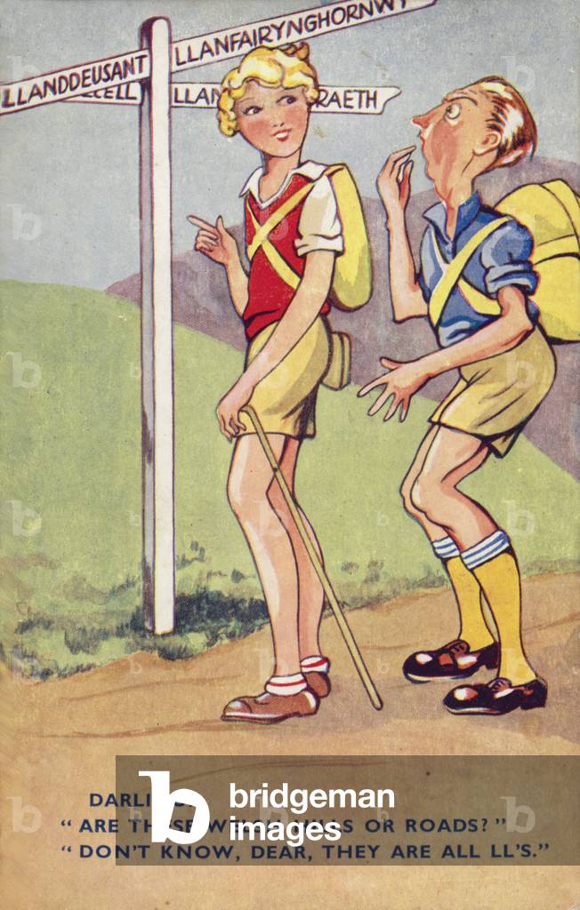 English walkers confused by a Welsh signpost (colour litho)
