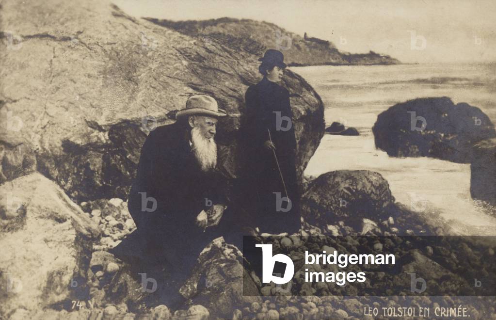 Leo Tolstoy and his daughter in the Crimea. Taken by Sophia Tolstaya. (b/w photo)
