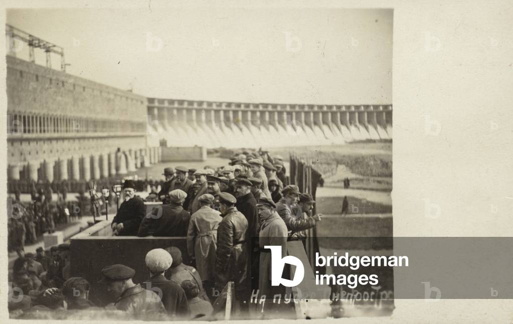 Soviet leaders Mikhail Kalinin and Sergo Ordzhonikidze at the opening of the Dnieper hydroelectric power station in 1932 (b/w photo)