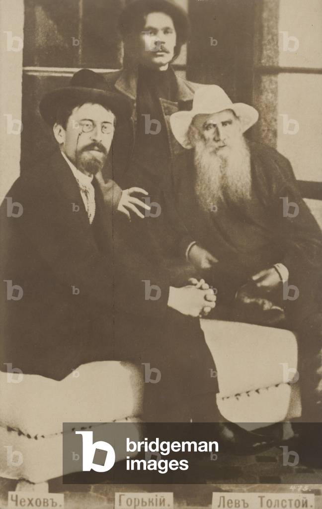 Anton Chekhov, Maxim Gorky and Leo Tolstoy, Russian authors (b/w photo)