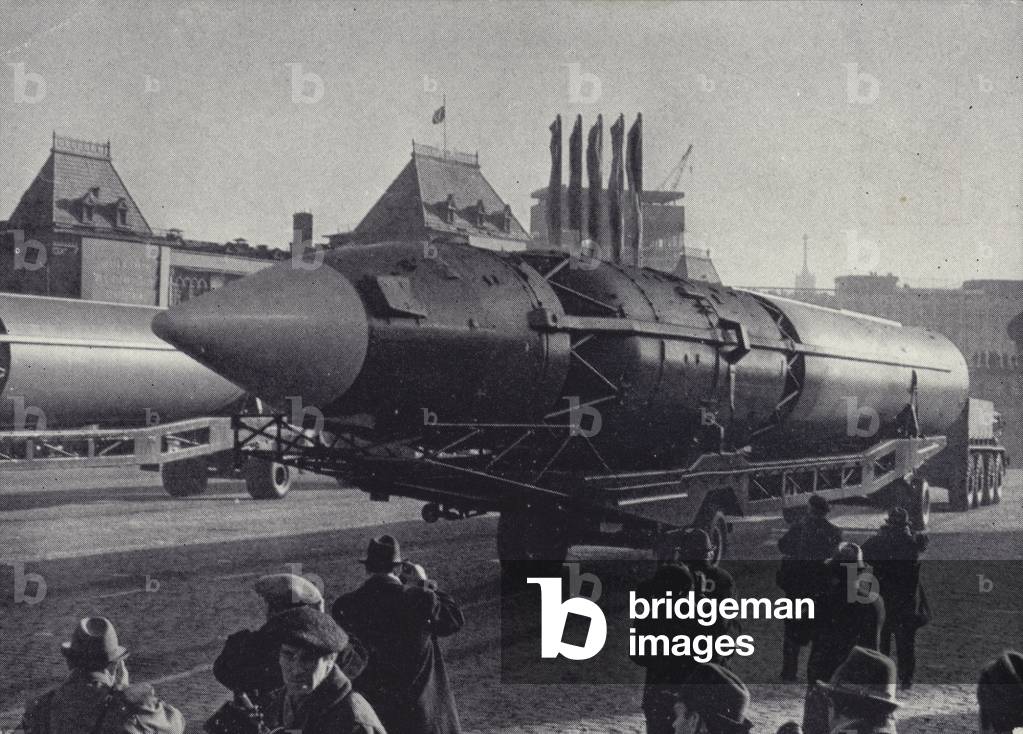 Soviet ballistic missile exhibited during a parade on Red Square in Moscow for the 50th anniversary of the October Revolution, 1967 (b/w photo)