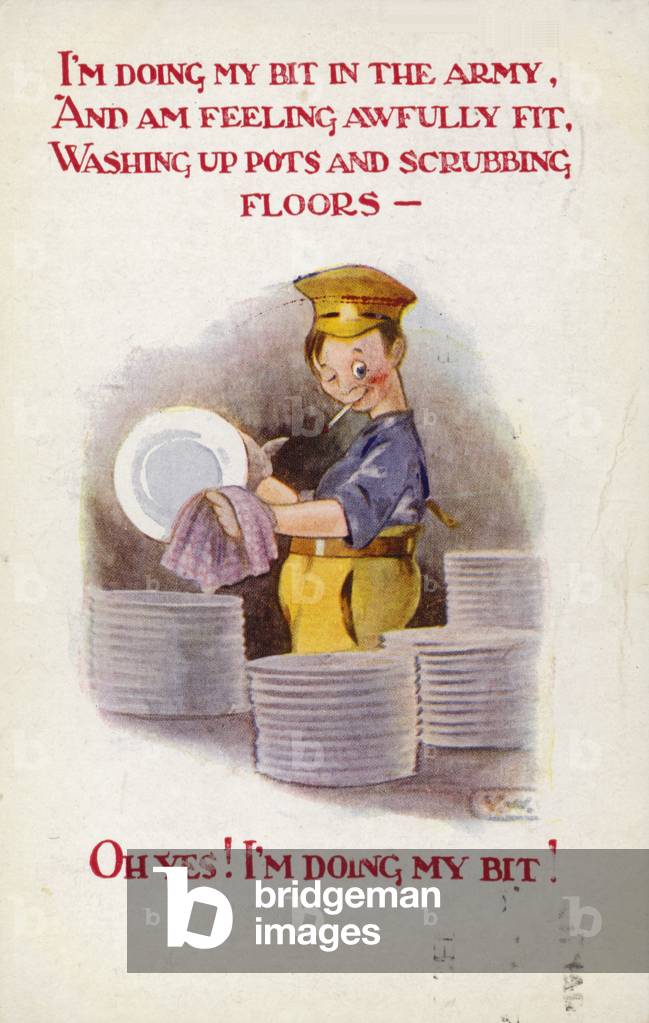 WW1 cartoon postcard of soldier washing dishes (colour litho)