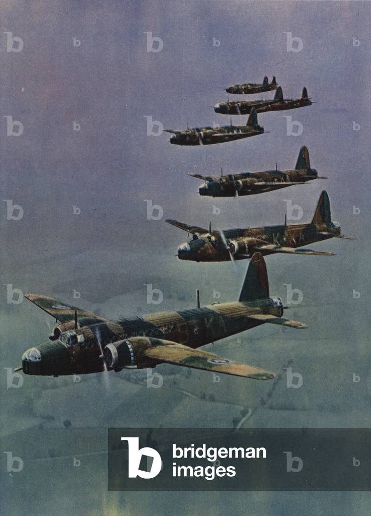 Wellington bombers in formation (colour litho)