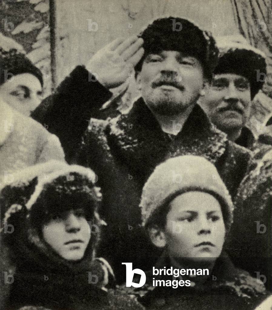 Russian Bolshevik revolutionary leader Lenin on Red Square, Moscow, during the celebrations of the second anniversary of the October Revolution, 1919 (b/w photo)
