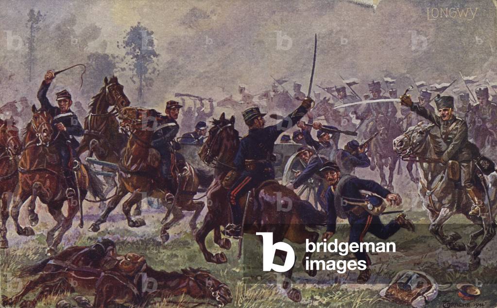 German hussars capturing French guns at Longwy, World War I, 22 August 1914 (colour litho)
