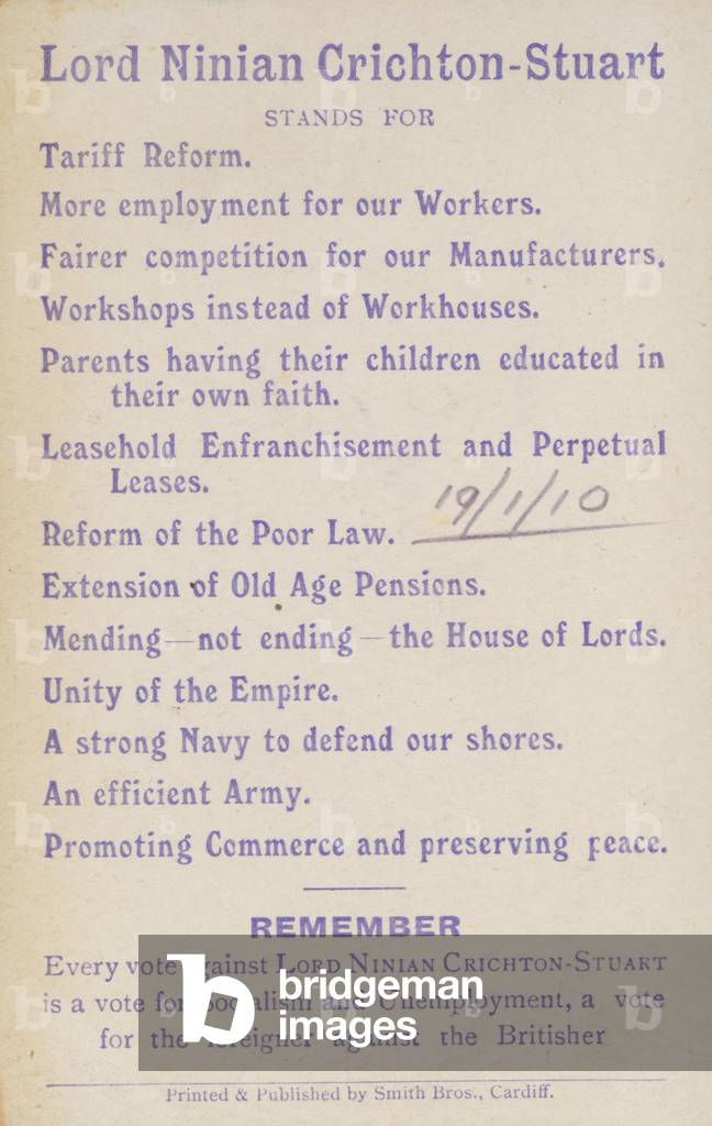 Election manifesto of Lord Ninian Crichton-Stuart, British Unionist politician, 1910 (colour litho)