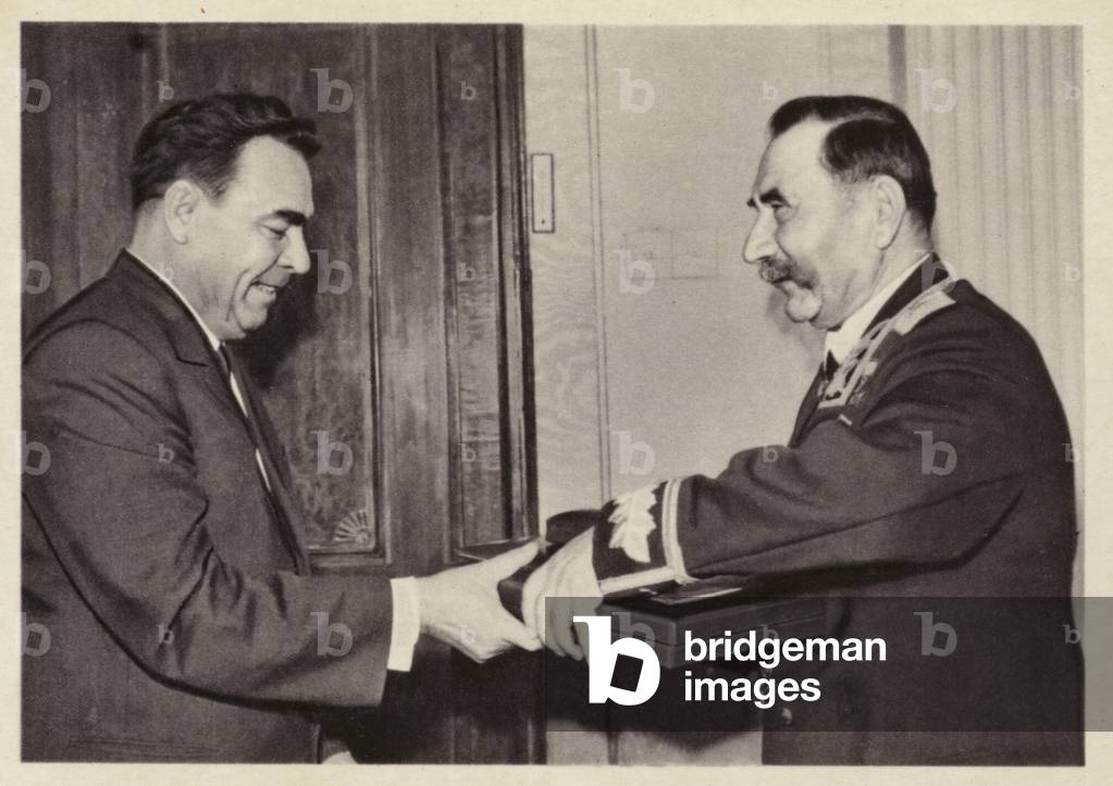 Chairman of the Presidium of the Supreme Soviet Leonid Brezhnev congratulating Marshal Semyon Budyonny on being awarded the Gold Star medal for the second time, the Kremlin, Moscow, USSR, 1963 (b/w photo)
