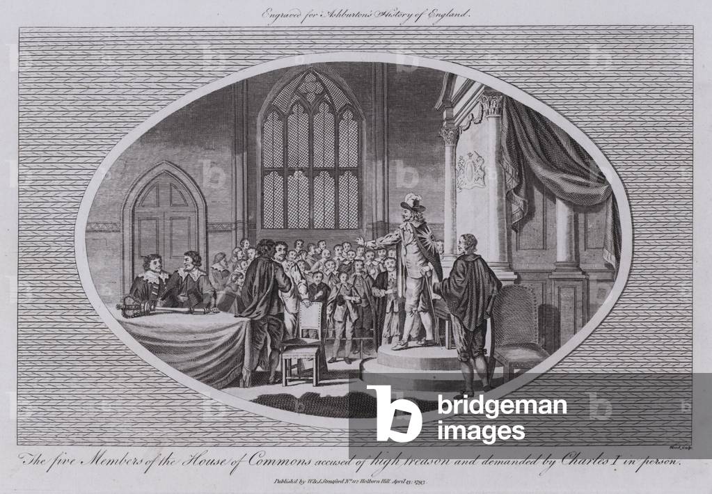 The five Members of the House of Commons accused of high treason and demanded by Charles I in person (engraving)