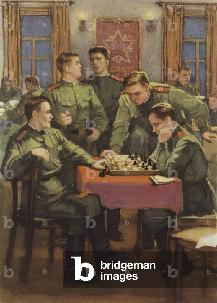 Evening in the Club. Soviet soldiers playing chess and spending their free time in the army club, 1950s (colour litho)