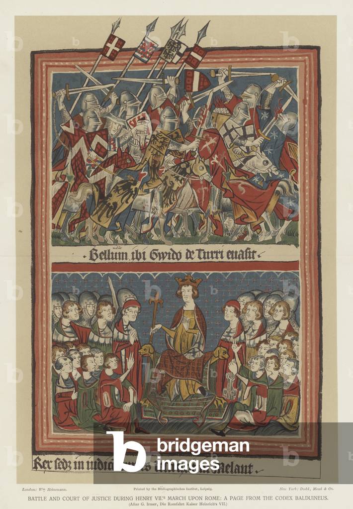 Battle and court of justice during Henry VII's march upon Rome (colour litho)