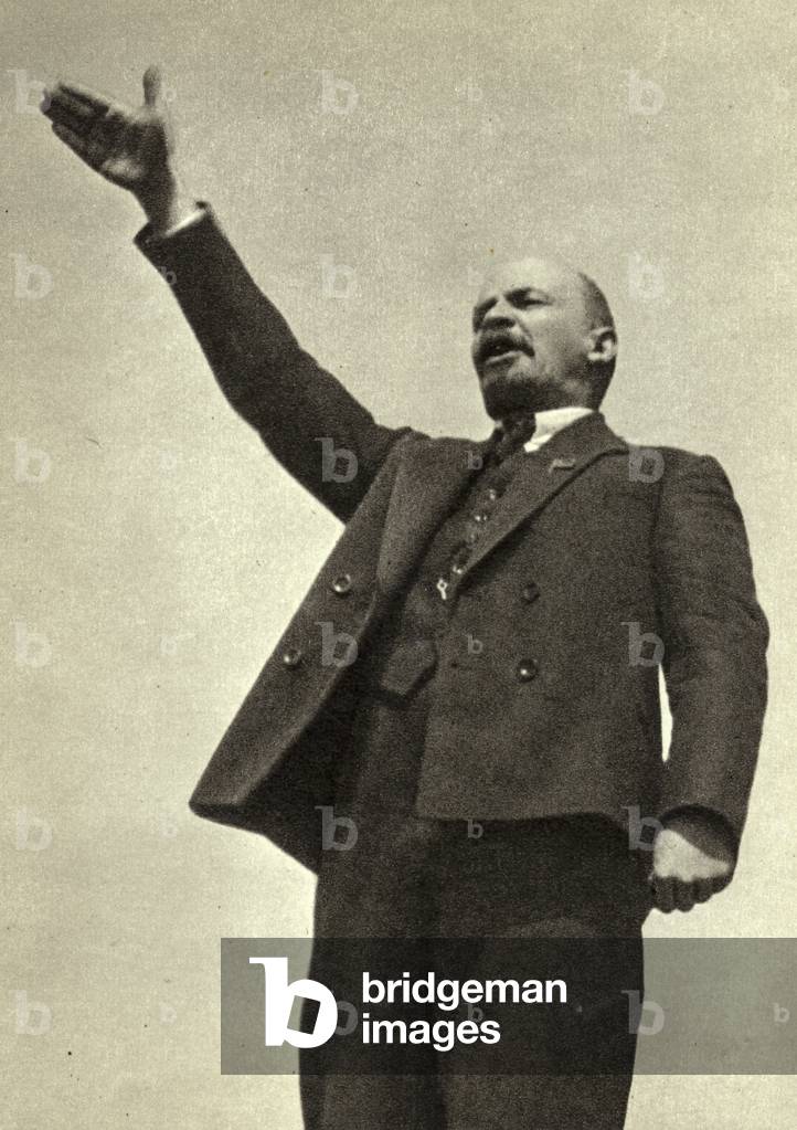 Lenin speaks in Red Square at the inauguration of the temporary monument to Stepan Razin, Moscow, 1 May 1919 (b/w photo)
