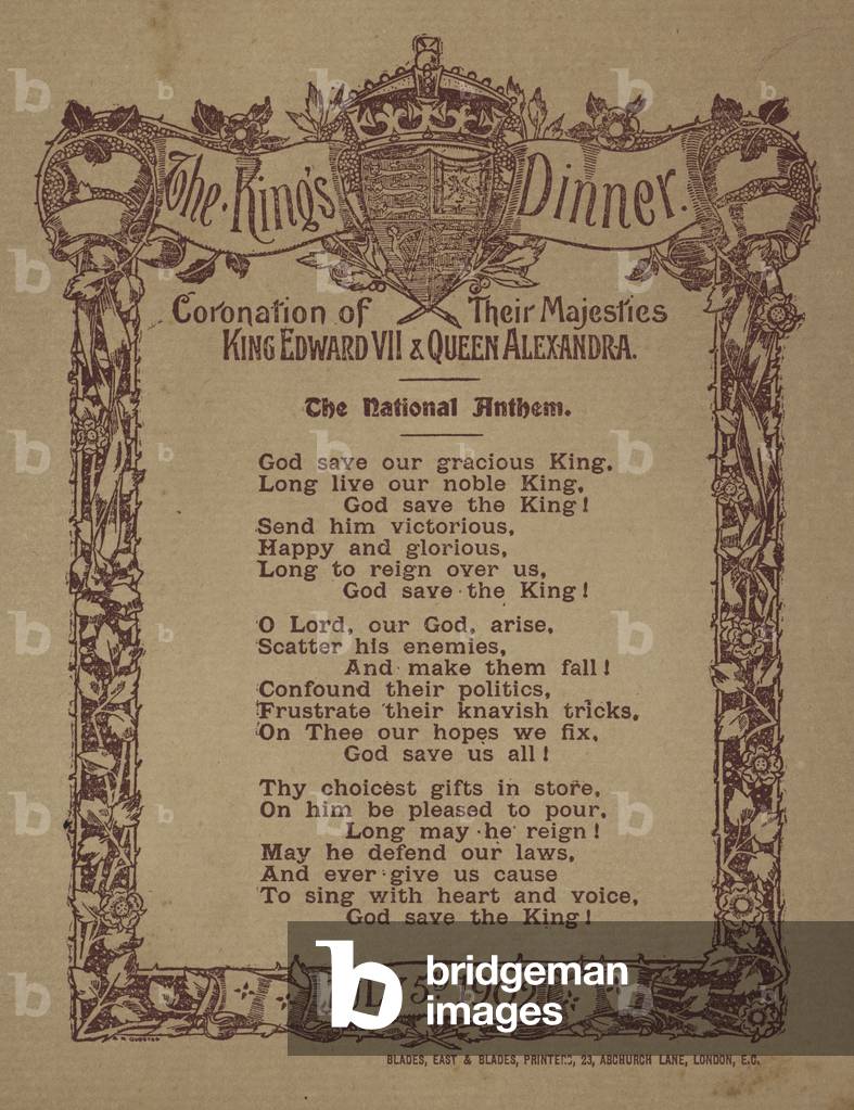The British national anthem, to be sung at the Coronation dinner of King Edward VII and Queen Alexandra, 5 July 1902 (litho)