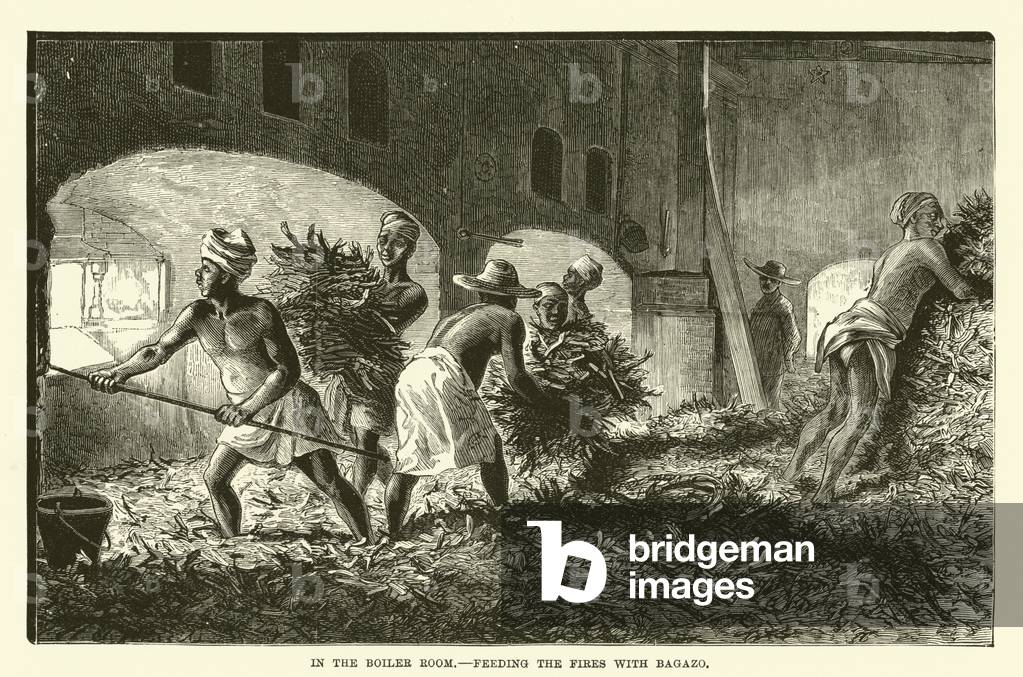 In the boiler room, feeding the fires with Bagazo (engraving)