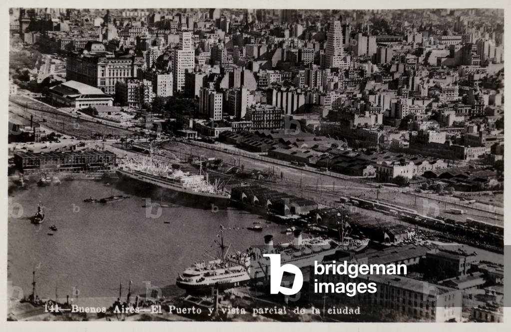 Port and partial view of the city, Buenos Aires, Argentina (b/w photo)