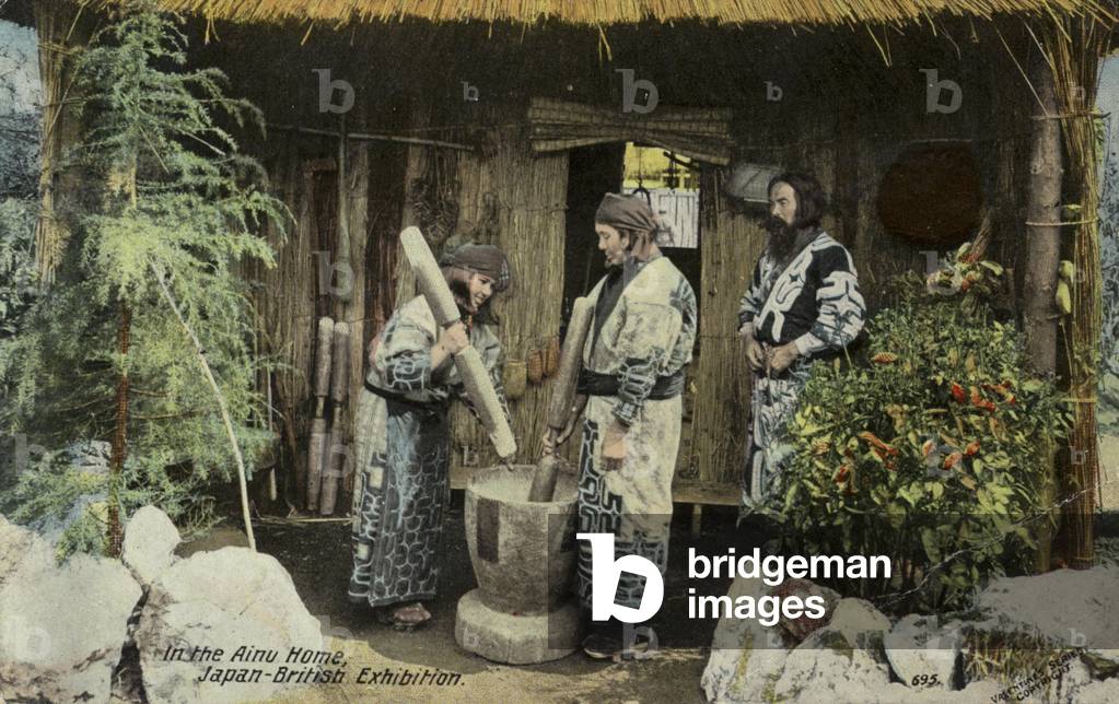 In the Ainu home, Japan-British Exhibition, London 1910 (coloured photo)