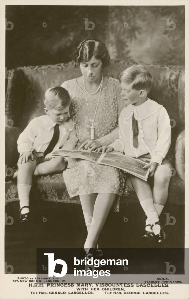 Princess Mary, Viscountess Lascelles, with her two children, George and Gerald (b/w photo)