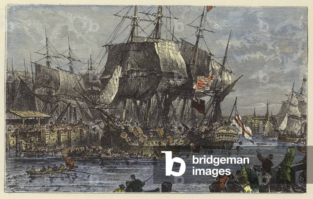 The people of Boston throwing the tea overboard (coloured engraving)