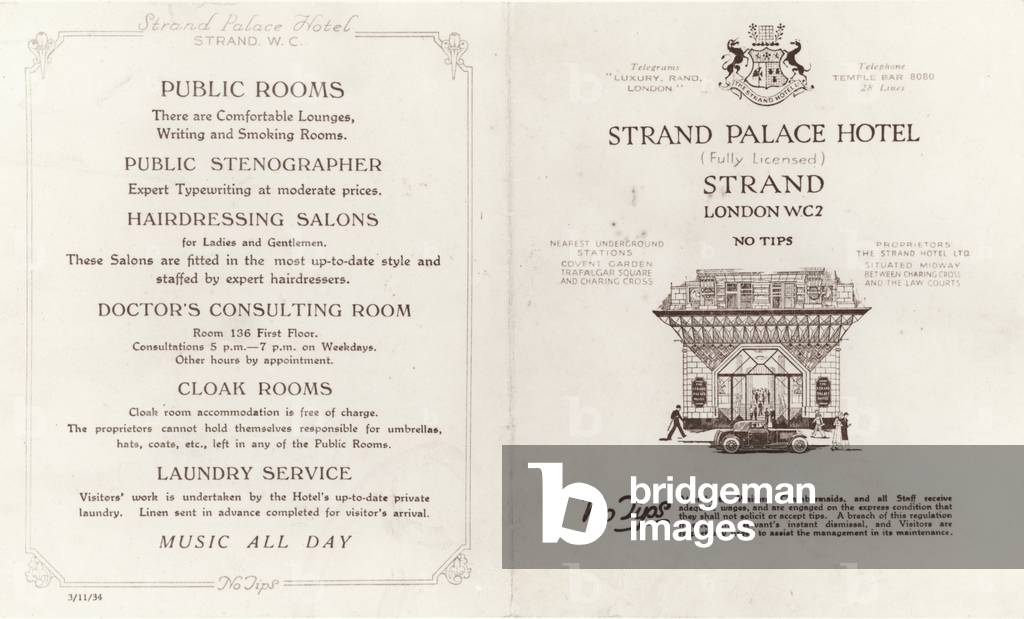 Strand Palace Hotel information for visitors (litho)