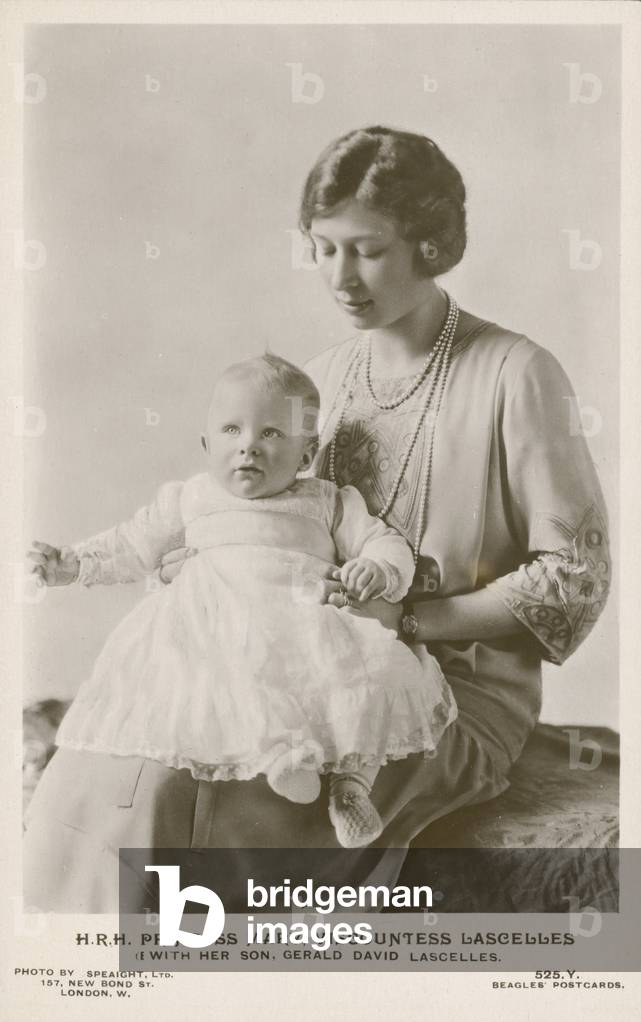 Princess Mary, Viscountess Lascelles, with her younger son, Gerald (b/w photo)