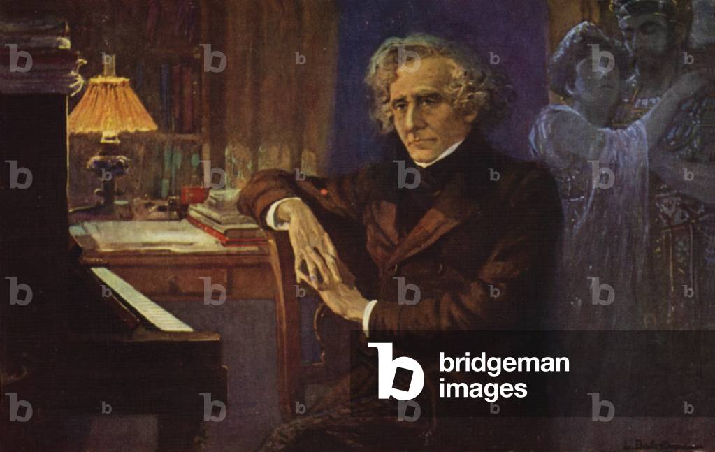 Hector Berlioz composing 'Les Troyens' (colour litho)