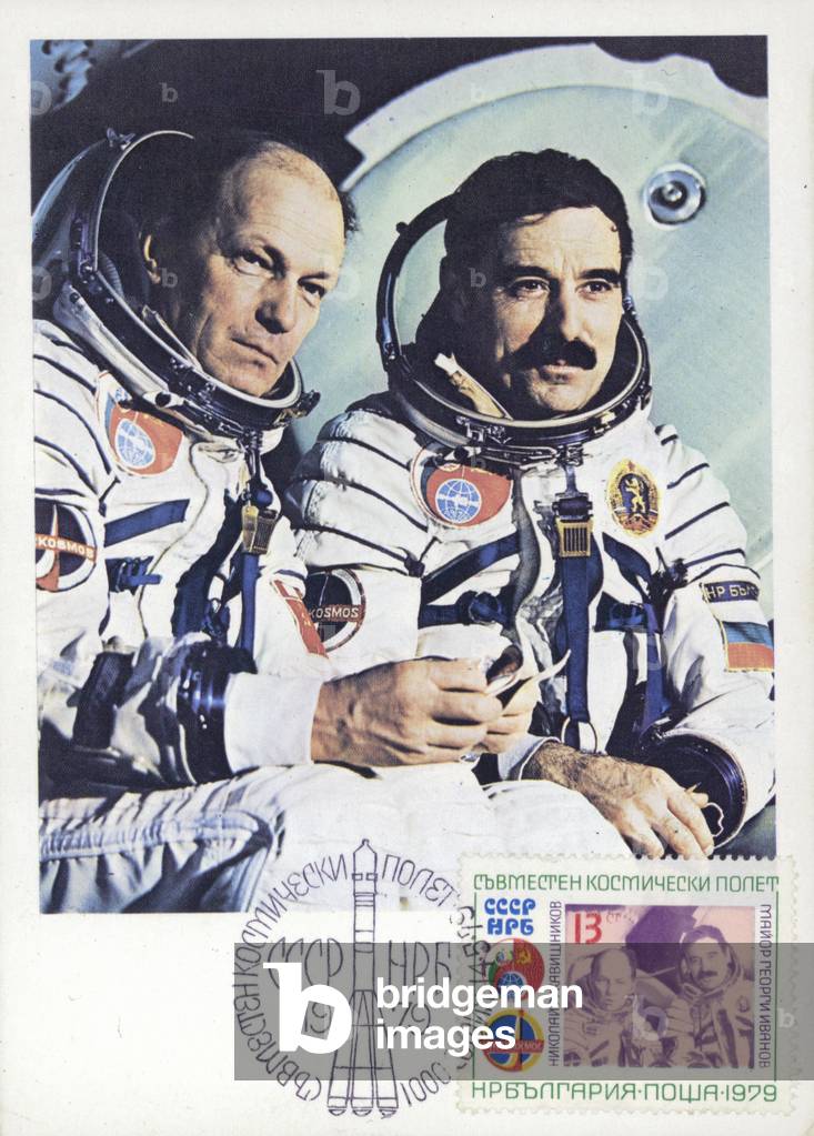 Nikolai Rukavishnikov and Georgi Ivanov, the crew of Soviet spacecraft Soyuz-33, 1979 (colour photo)