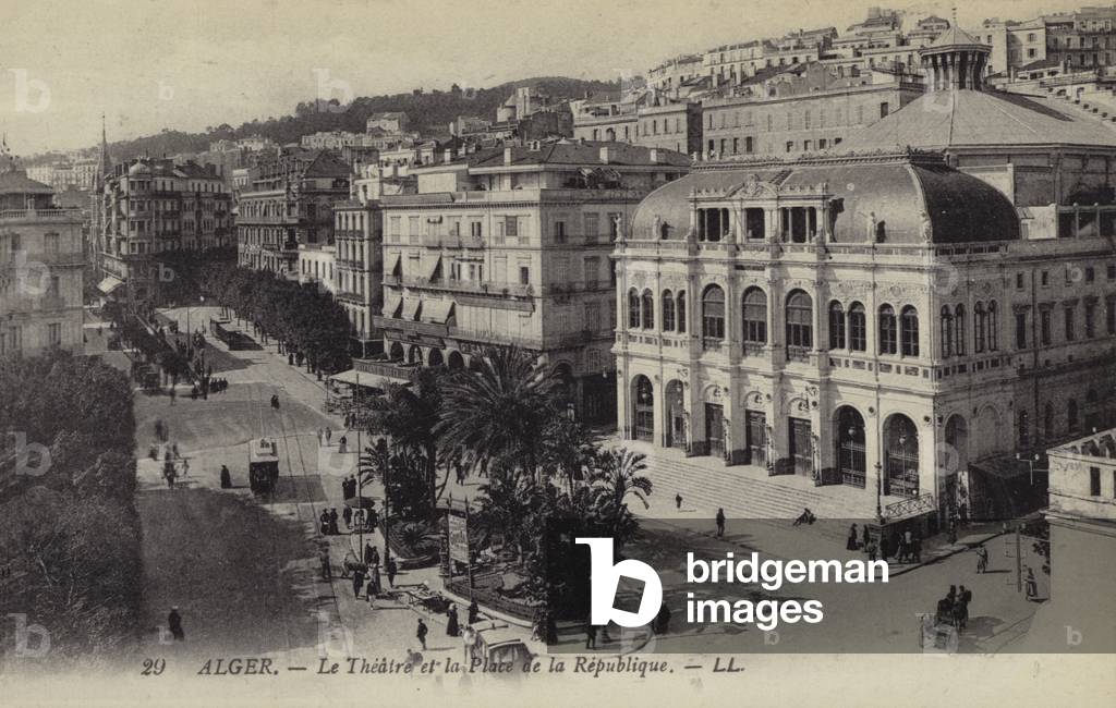 Theatre and Place de la Republique, Algiers, Algeria (b/w photo)