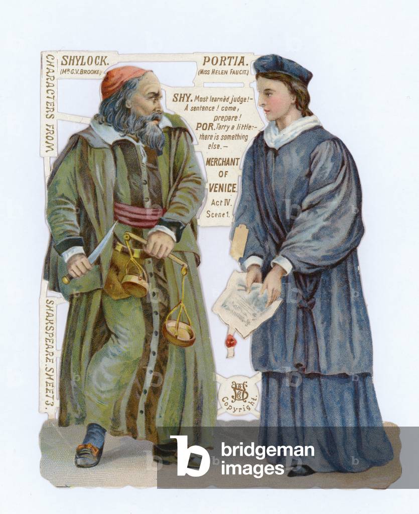 Cutout of Shylock and Portia from The Merchant of Venice (chromolitho)