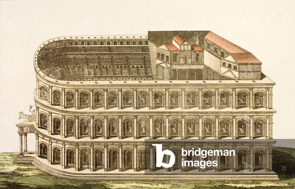 Ancient Roman Theatre of Marcellus, built in the late 1st Century BC (coloured engraving)