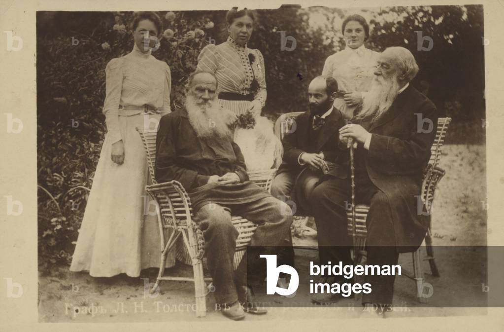 Leo Tolstoy with family and friends (b/w photo)