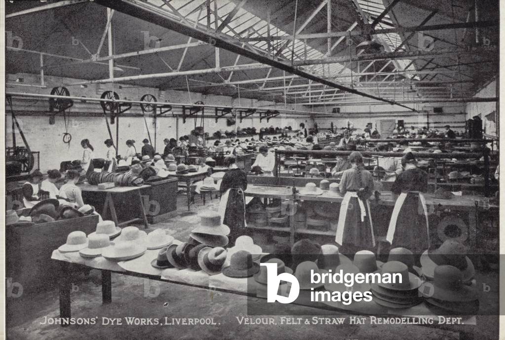 Velour, felt and straw hat remodelling department, Johnson's dye works, Liverpool (b/w photo)