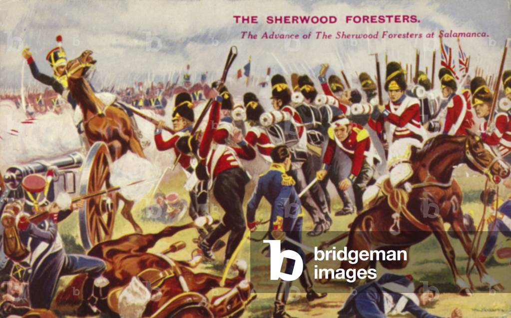 The advance of the Sherwood Foresters at the Battle of Salamanca, Spain, Peninsular War, 1812 (colour litho)