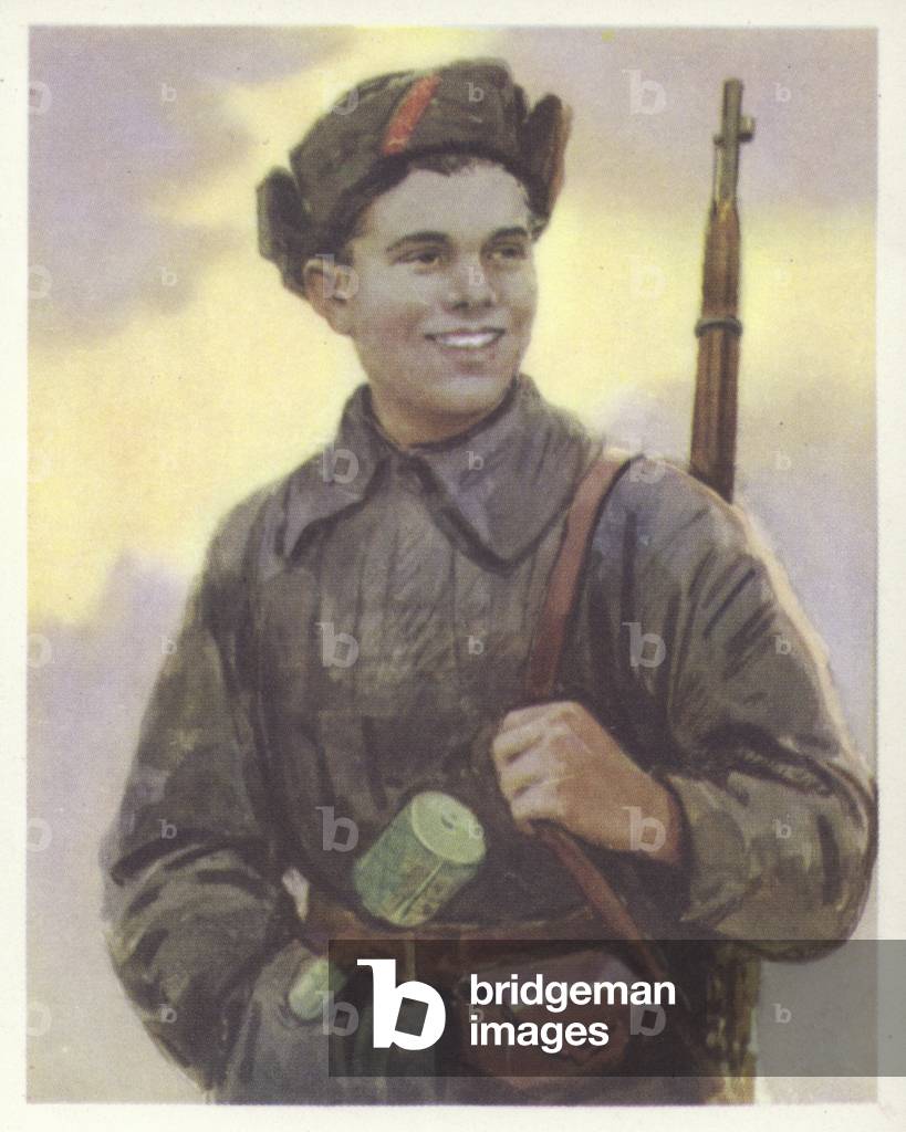 Sasha Borodulin, Soviet Pioneer youth who joined the partisans during World War II (colour litho)