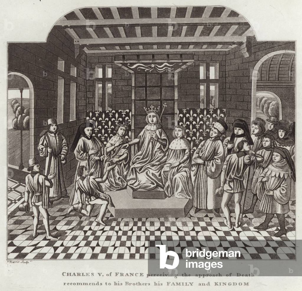 Charles V of France perceiving the Approach of Death recommends to his Brothers his Family and Kingdom (engraving)
