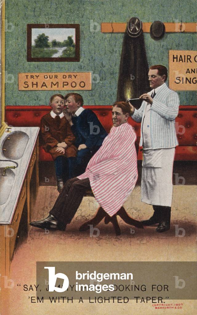 Scene at a barber's (colour litho)