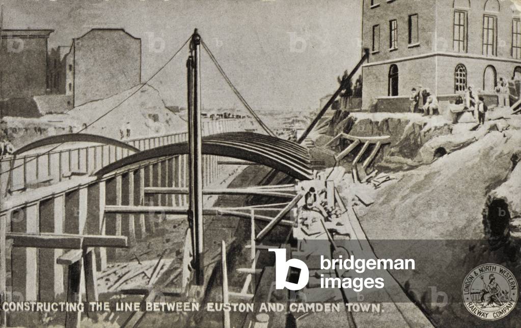 Constructing the Line between Euston and Camden Town (litho)
