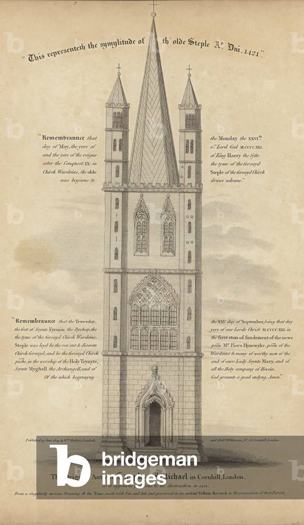 The original ancient steeple of St Michael in Cornhill (engraving)