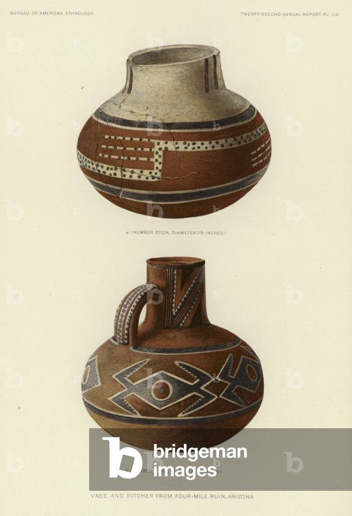 Vase and pitcher from Four-Mile Ruin, Arizona (colour litho)