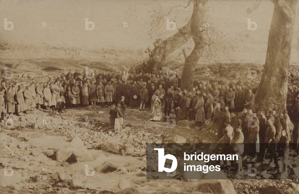 Soldiers gathered for a funeral service, Eastern Europe, World War I (b/w photo)