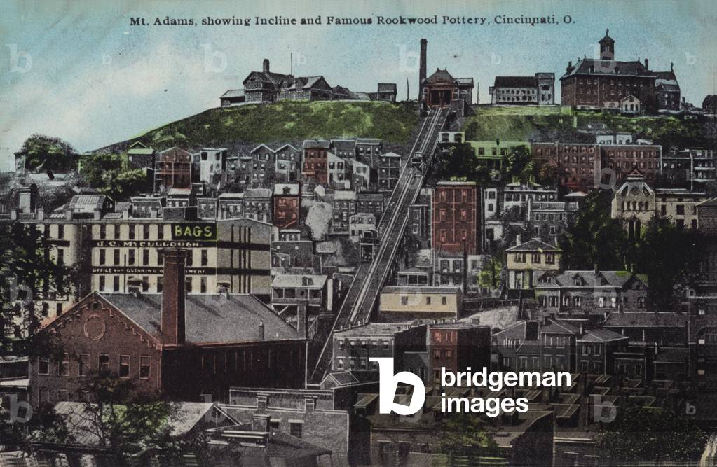 Mount Adams, shiwing the Incline and the famous Rockwood Pottery, Cincinnati, Ohio, USA (coloured photo)