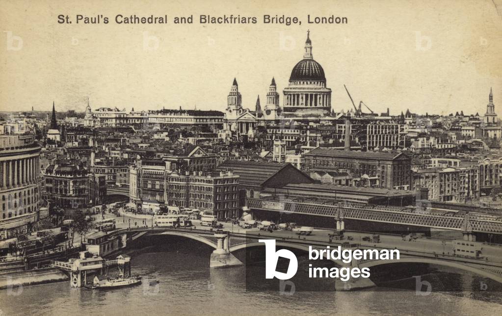 St. Paul's Cathedral and Blackfriars Bridge, London (b/w photo)