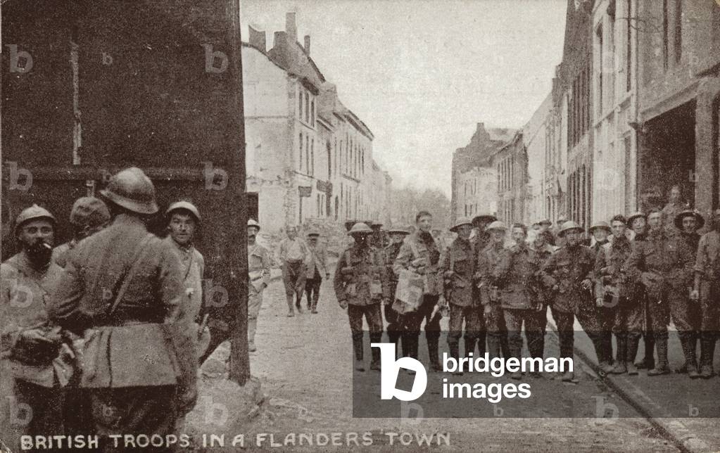 British troops in a Flanders town, World War I (b/w photo)