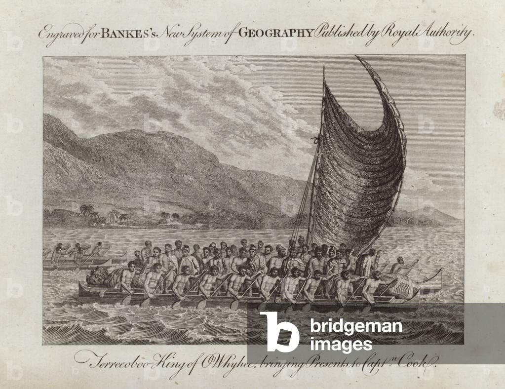 Terreeoboo King of Whyhee, bringing presents to Captain Cook (engraving)