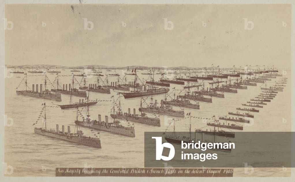 His Majesty reviewing the combined British and French fleets in the Solent, August 1905 (b/w photo)